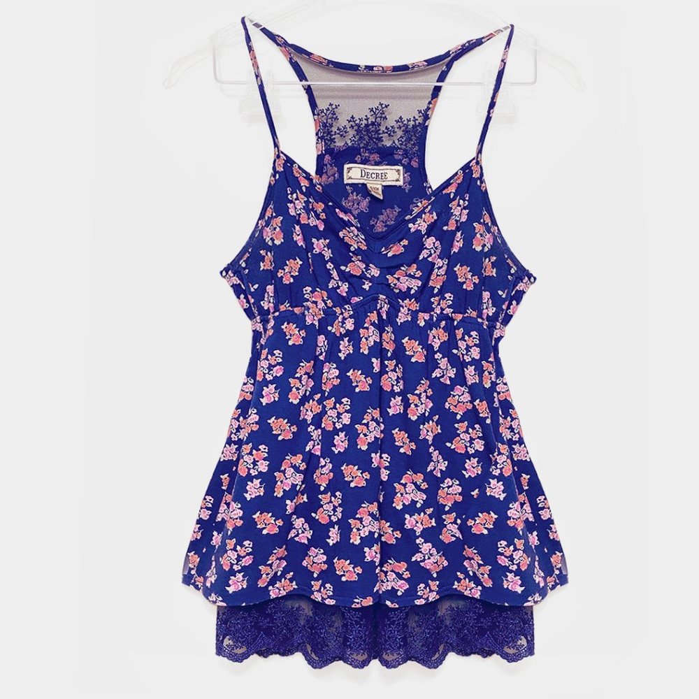 Blue Top with Rose and Lace Detail by Decree